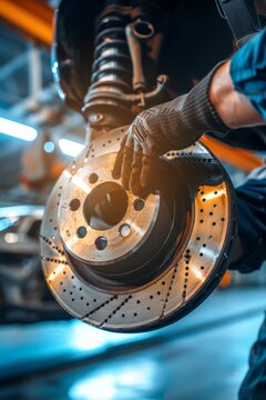 Close-Up of Mechanic Installing New Brake Pads in Well-Lit Auto Repair Garage