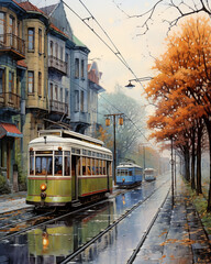 Fototapeta premium old stylish trams in the old autumn city. Romantic autumn.