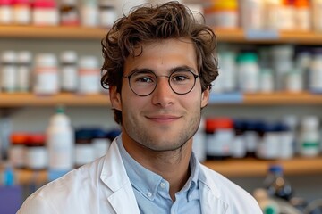 Fototapeta premium Young Male Scientist Smiling in Laboratory Surrounded by Various Bottles and Equipment During Daylight Hours