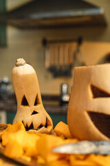 Close-up of carved pumpkins, out of focus background