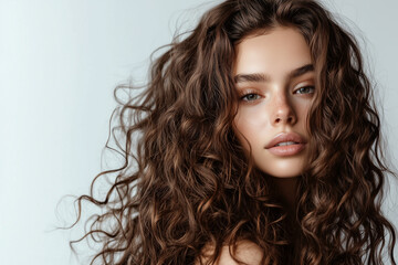 Woman with long thick curly brown hair on a light background. Looks at the camera.