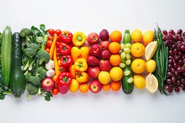 A stunning row of fresh organic fruits and vegetables in a rainbow spectrum, arranged neatly in a banner format