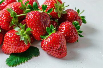 A striking closeup of fresh strawberries with leaves, isolated on a white background, showcasing their natural look and vivid color.