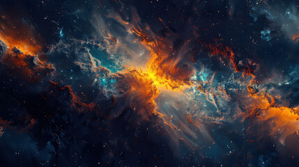 Fototapeta premium A mesmerizing nebula scene, streams of warm oranges and cool blues swirling together, sprinkled with bright starlight, vast dark space background