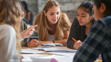 Fototapeta na wymiar Student Collaborations: Students working together on projects or assignments with ample space for teamwork tips