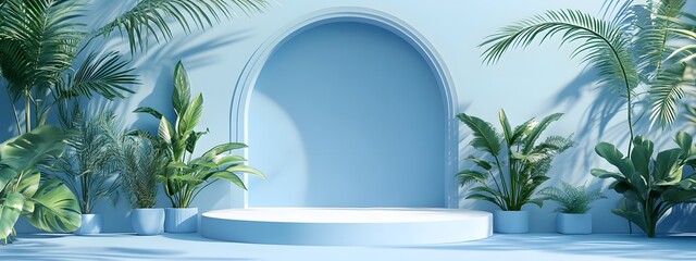 Fototapeta premium Blue background podium with arch and plants on both sides, minimal style, pastel color palette, simple design, high resolution