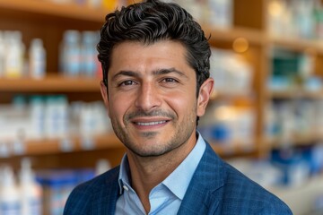 Fototapeta premium Professional Male Smiling in Front of Pharmacy Shelves During Daylight Hours