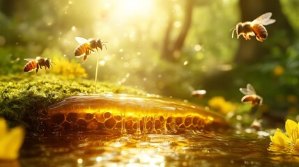 Tranquil honey stream flowing next to a joyful beehive in a picturesque natural setting