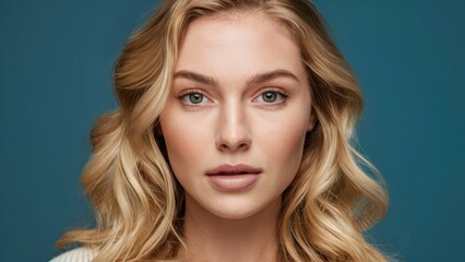 Naklejka premium Beautiful blond young woman face close up. Natural looking. Banner for beauty skin body care bio eco cosmetics concept