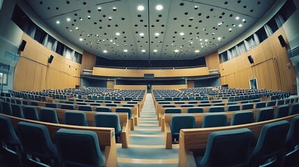 Obraz premium Empty Auditorium with Rows of Blue Chairs and Wooden Armrests