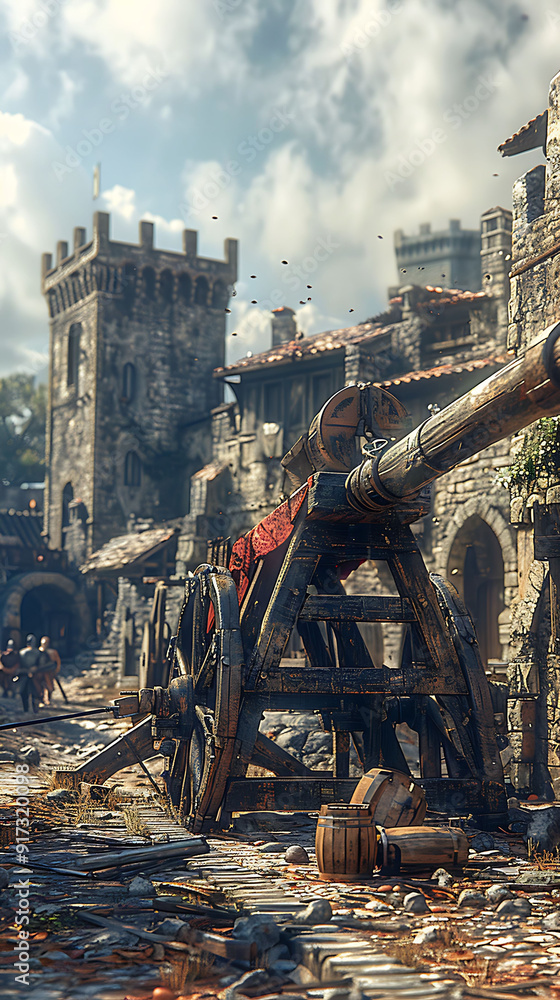 Poster trebuchet medieval siege scenario explain how principle of torque leverage projectile motion applied