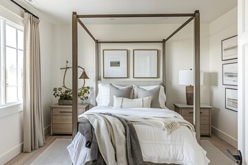  A serene bedroom with a four-poster bed neutral tones and minimalist decor 