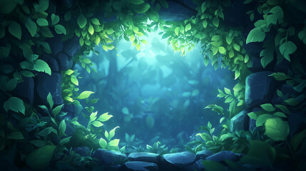 Fototapeta premium A whimsical cartoon-style frame featuring lush green jungle foliage intertwined with rugged stone.