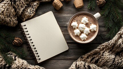 Cozy Winter Scene with Hot Chocolate, Blank Notebook, and Pine Branches