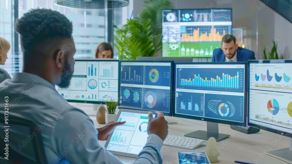 Poster business team analyzing data on multiple screens in modern office for project planning