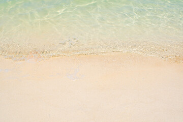 clear sand on the shore beach, copy space for text, Summer vibes vacation blue wave