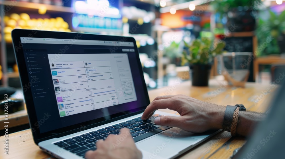 Poster small business owner using cloud storage for online store management with inventory and orders on la