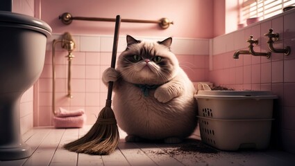 A cat sweeps the floor in a cute, pink bathroom