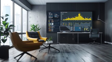 A modern office with a large screen showing business metrics, high-end furniture, and a clean desk setup.