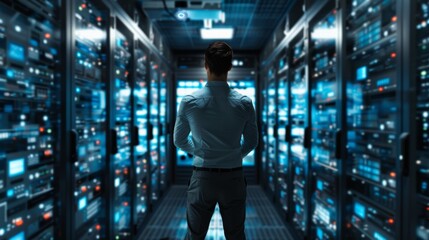 Fototapeta premium Cybersecurity Specialist Monitoring Data Center Servers for Advanced Network Protection