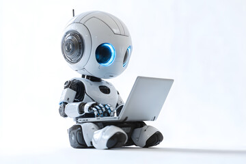 Cute friendly artificial intelligence robot using laptop computer 3d illustration isolated on white. Chatbot and AI assistant concept	