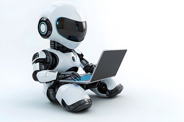 Cute friendly artificial intelligence robot using laptop computer 3d illustration isolated on white. Chatbot and AI assistant concept	