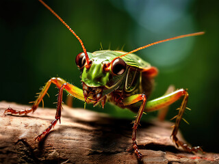 Fototapeta premium Close-up of a green grasshopper with large eyes and red legs.