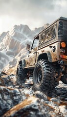 Fototapeta premium Rugged Off-Road Vehicle Navigating Rocky Mountain Path with Heavy-Duty Suspension System