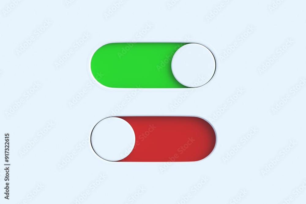 Sticker two toggle switches on gray background. modern on, off button. user interface elements. top view. 3d