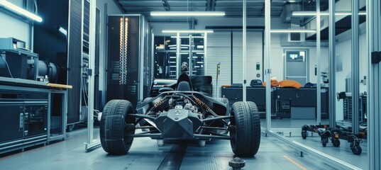 Fototapeta premium Engineers Testing Car Suspension on Proving Ground with Advanced Measuring Equipment