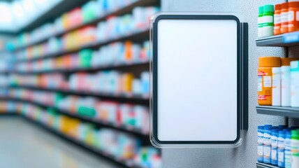 A clear signage space in a pharmacy aisle, surrounded by colorful medication bottles and products. Ideal for health-related projects.