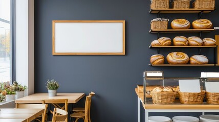 Modern bakery interior featuring wooden furniture, wall display, and organized bread on shelves, creating a cozy atmosphere.
