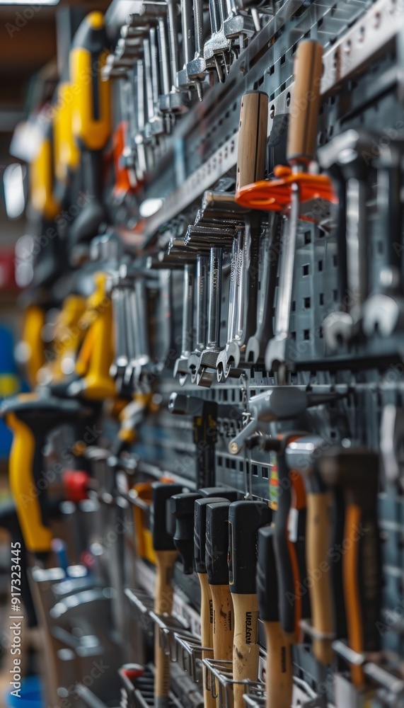 Poster well-organized hardware store aisle displaying various hammers for easy customer selection