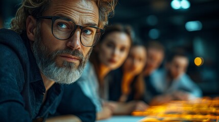 Fototapeta premium A man with glasses is looking at the camera while a group of people look on