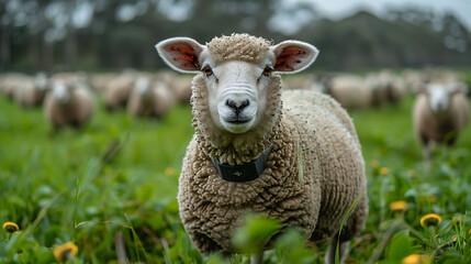 Obraz premium Futuristic livestock farming robotic shepherds and smart collars on sheep near Sydney Australia integrating AI in agriculture