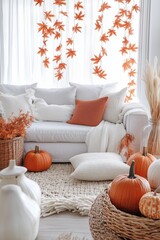 A bright and cozy living room with autumn-themed decorations including pumpkins, fall leaves, and comfortable pillows.