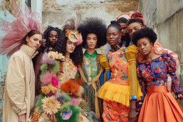 Group of diverse models posing together at the end of a fashion show, wearing coordinated outfits from the latest collection.