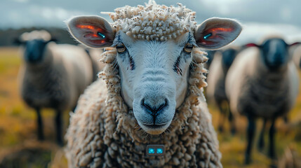 Futuristic livestock farming robotic shepherds and smart collars on sheep near Sydney Australia integrating AI in agriculture
