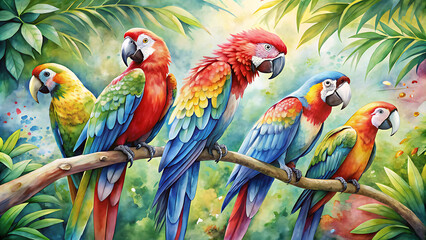 Fototapeta premium Vibrant Parrots Perched in Paint Splashes: Dripping Oil & Watercolor Wildlife Art