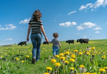 Fototapeta premium Caucasian mother and son walking hand-in-hand through a meadow with cows and dandelions under a sunny sky.