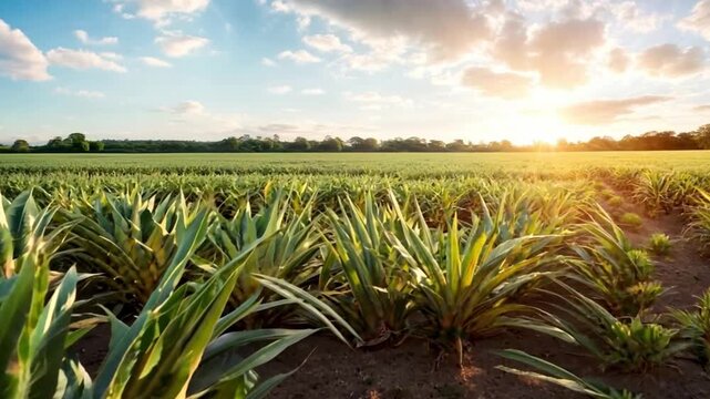 In the golden fields of a pineapple plantation, the sun casts its warm glow upon the rows of pineapple plants. A pineapple farm, with meticulously cultivated plants adorning landscape. Generative AI