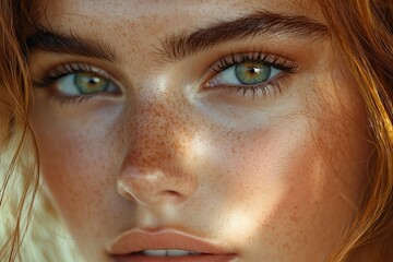 Fototapeta premium Detailed close-up of a woman's face with freckles and green eyes, highlighting natural beauty and striking eye color.