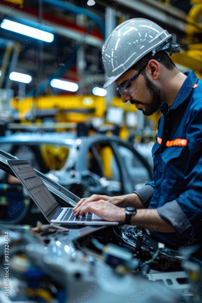 Poster engineer analyzing data on laptop in automobile factory with advanced machinery and busy production 
