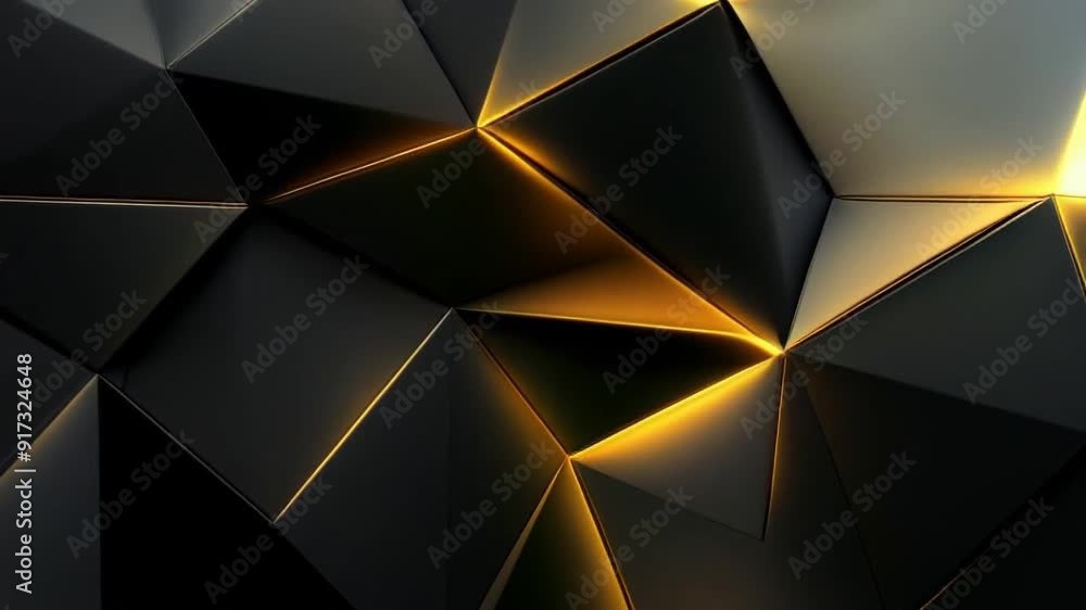 Poster a short animation intro featuring sleek, dark geometric shapes with glowing golden edges, creating a