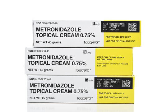 IRVINE, CALIFORNIA - 8 AUG 2024: Boxes of Metronidazole Topical Cream.
