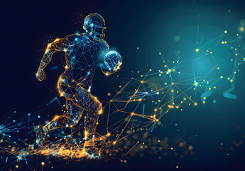Technology in rugby game, digital yellow low poly rugby player with glowing data streams, ai in sports analytics, player performance tracking systems, game strategy, wireframe player design