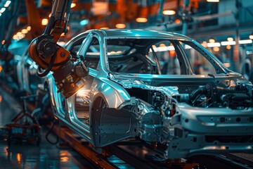 Fototapeta premium High-Tech Automotive Factory with Robot Assembly Line Ensuring Precision for Luxury Cars Production