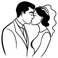 black wedding couple kissing line art