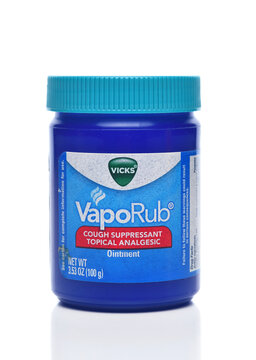 IRVINE, CALIFORNIA - 8 AUG 2024: A jar of Vicks VapoRub, cough suppressant Topicial Analgesic ointment.