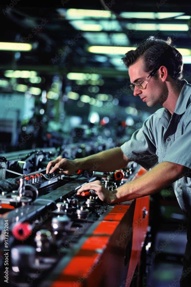 Poster engineer calibrating machinery in high-tech automobile factory for precision manufacturing